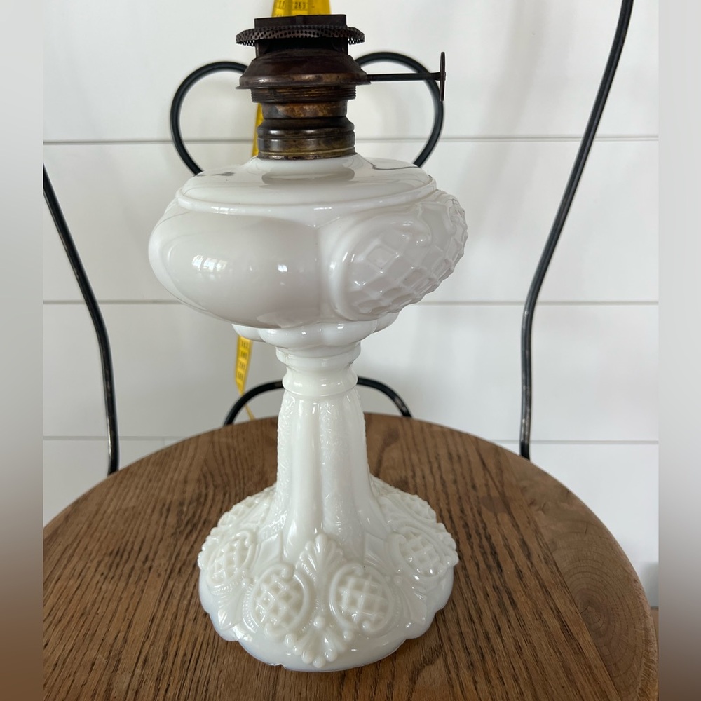 Rare 1930s, Vintage Victorian Opaque White Milk Glass,
Pattern Hurricane Lamp